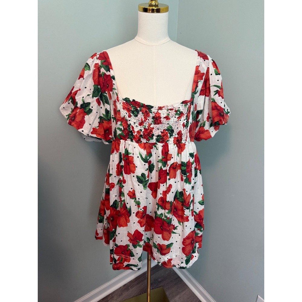 Maeve Anthropologie Red Poppy Floral Polka Dot Smocked Puff Sleeve Mini Dress L - Picture 3 of 7